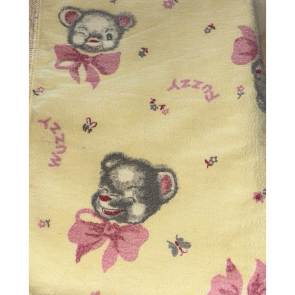 Vtg Fuzzy Wuzzy the Bear Baby Blanket Yellow Pink Cotton 25" x 33" Crochet Edge